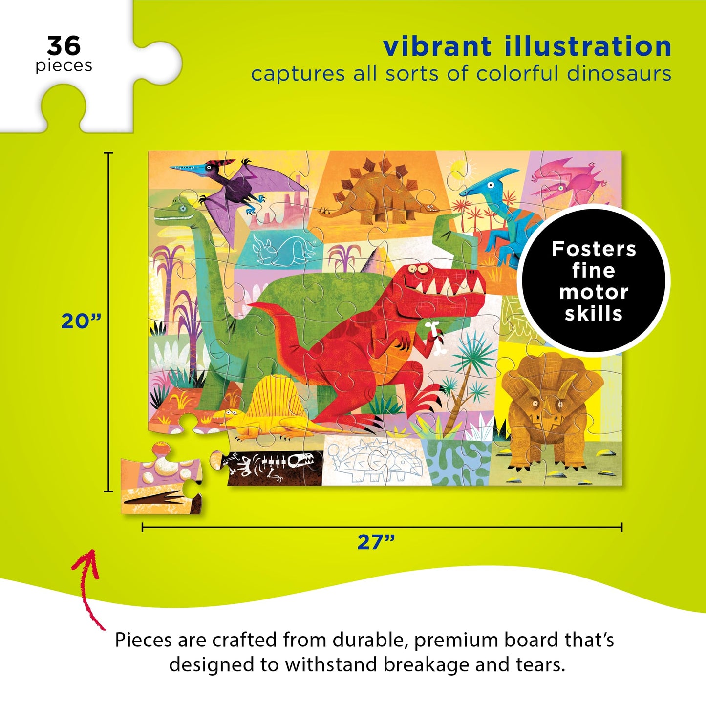 Crocodile Creek Dinosaur Floor Puzzle, 36-Piece Jigsaw for Kids Ages 3-5, Large 27" x 20" Puzzle with Heavy-Duty Storage Box