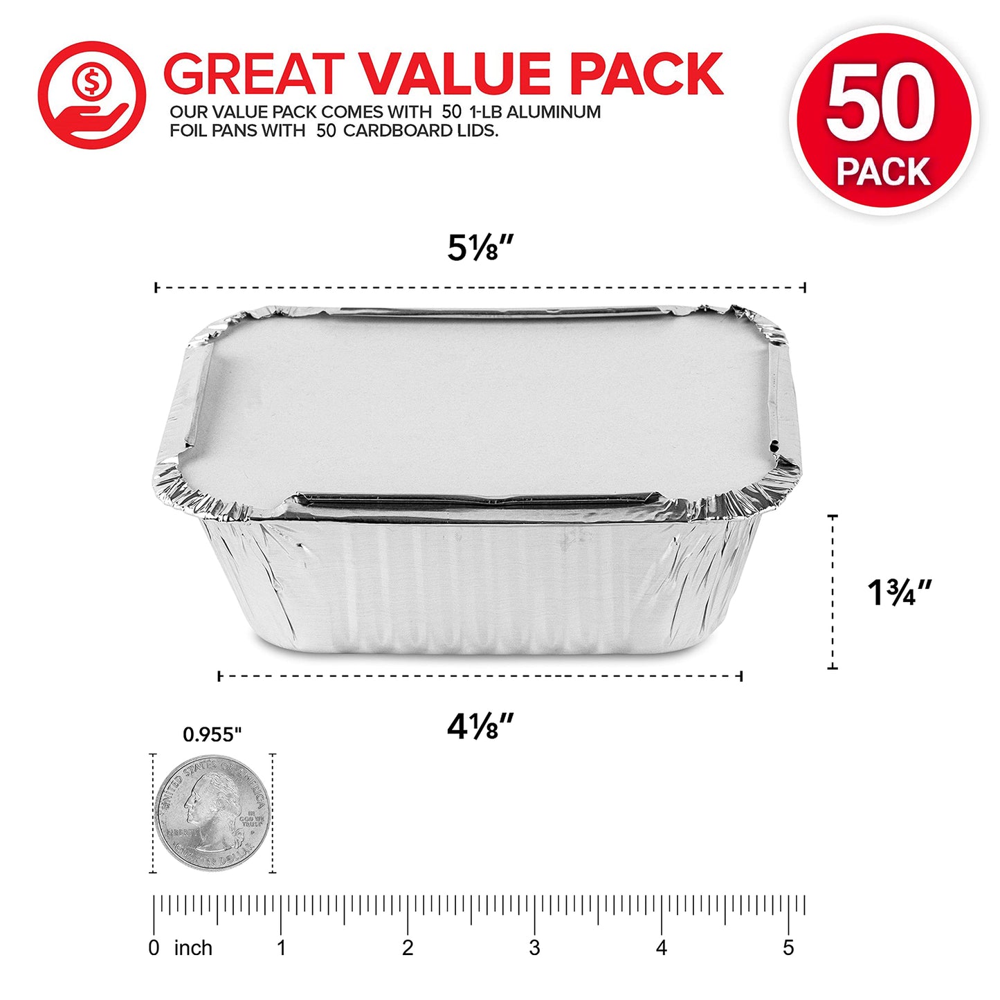 Small Aluminum Pans Take Out Containers (50 Pack) 50 Foil Oblong Pans and 50 Cardboard Lids - 1 Lb Tin Pans - Disposable Food Storage Containers…
