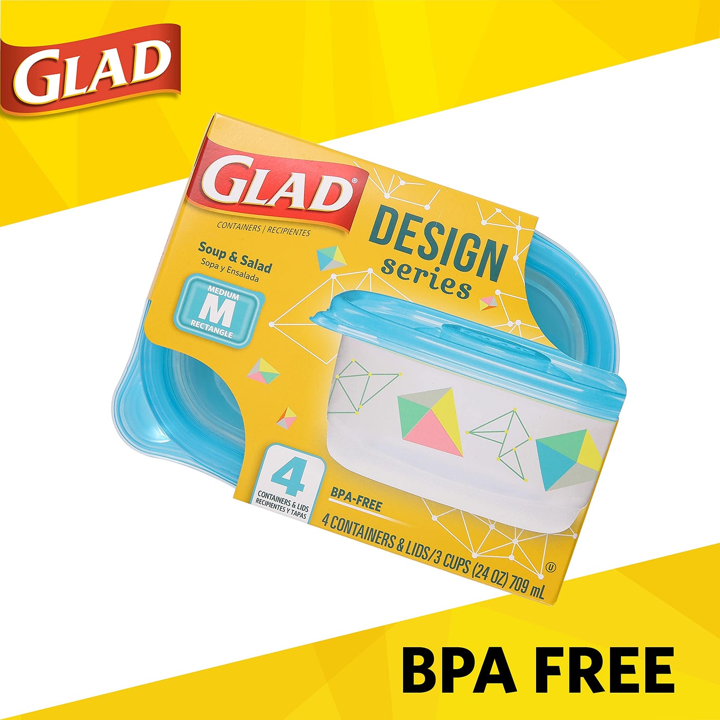 Glad GladWare Design Series Food Storage Containers - Medium Rectangle - Meal Container Holds up to 24 Ounces of Food - Lock Tight Seal, 4 Count