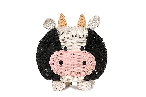 G6 COLLECTION Cow Rattan Storage Basket With Lid Decorative Bin Home Decor Hand Woven Shelf Organizer Cute Handmade Handcrafted Nursery Gift Animal…