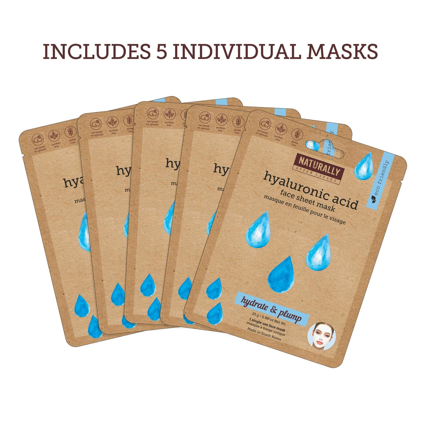 Naturally - Hydrating Hyaluronic Acid Sheet Mask for Dry Skin - Deep Moisturizing & Soothing Spa Facial Treatment, Hydrating Face Mask Set, 5 Sheet