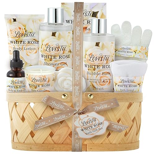 Christmas Gifts Bath & Body Spa Gift Basket for Women, Best Gift for Mother's Day & Birthday, White Rose Set Body Lotion, Shower Gel, Bubble Bath