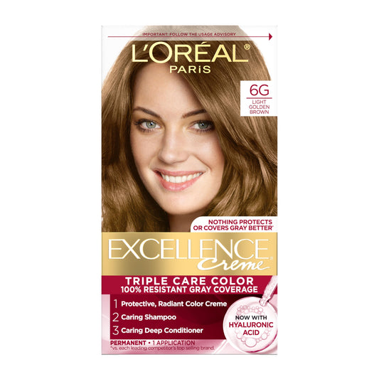 L'Oreal Paris Excellence Crème Permanent Hair Dye, Triple Care Hair Color with Hyaluronic Acid for 100% Gray Coverage, 6G Light Golden Brown, 1 Kit
