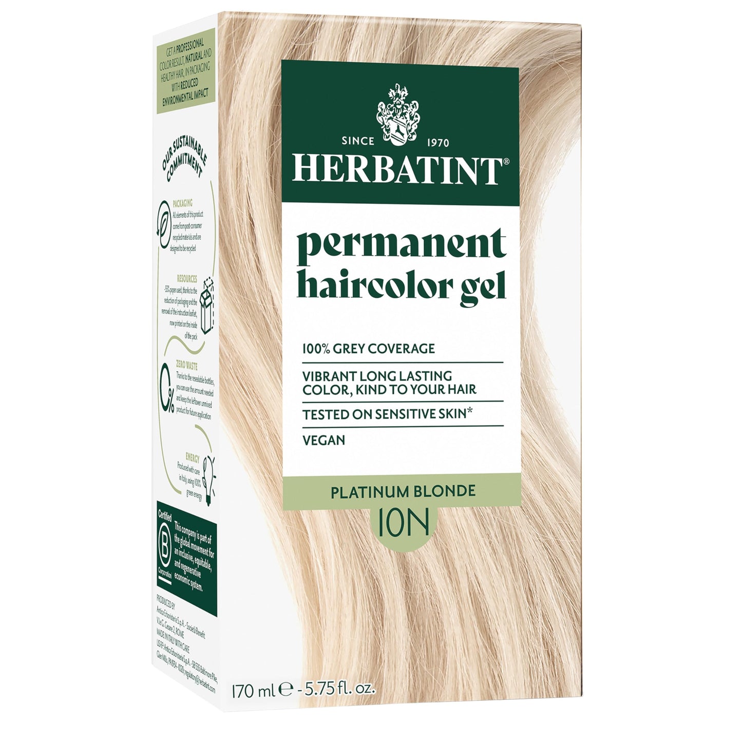 Herbatint 10N Platinum Blonde Permanent Hair Dye For Women - For Up To 100% Gray Coverage of Resistant Gray Hair - Ammonia-Free, Alcohol-Free & Vegan