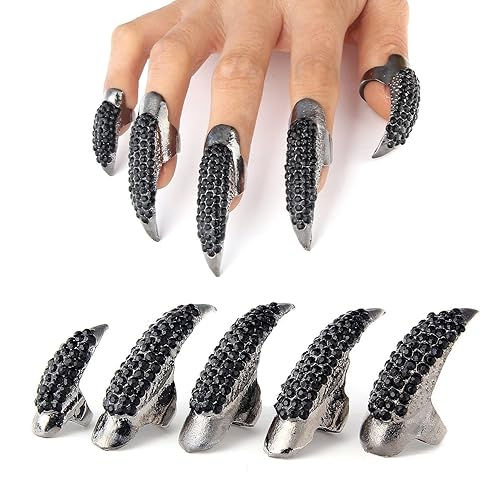 10 Pcs Halloween Costume Fake Finger Claws - Gothic Punk Cosplay Nail Rings - Sparkling Crystals Paved Party Accessories for Girls Women Men - Witch