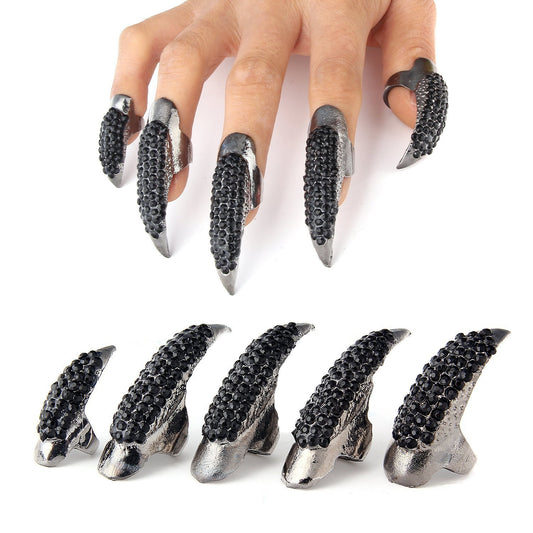10 Pcs Halloween Costume Fake Finger Claws - Gothic Punk Cosplay Nail Rings - Sparkling Crystals Paved Party Accessories for Girls Women Men - Witch