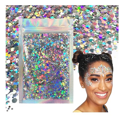 Holographic Silver - Face & Body Glitter - Chunky Glitter - Uses Include: Holidays, Cheerleading, Festival, Rave, Hair, Makeup, Face, Body, Nails