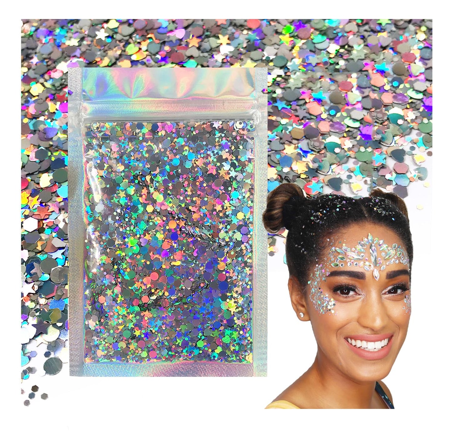 Holographic Silver - Face & Body Glitter - Chunky Glitter - Uses Include: Holidays, Cheerleading, Festival, Rave, Hair, Makeup, Face, Body, Nails
