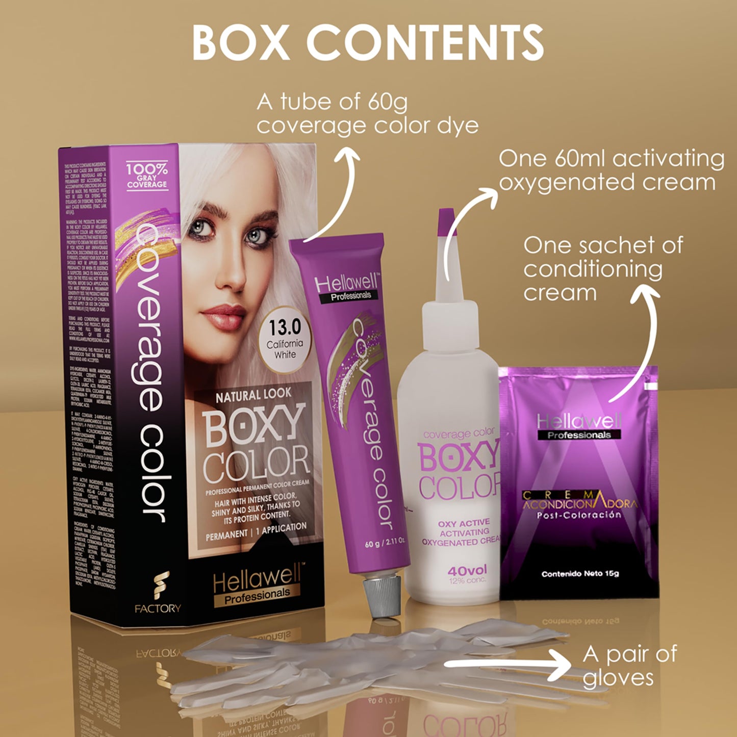 BOXY COLOR Coloring kit professional, permanent color cream hair dye with Vegetal Protein to get Hair with intense color shiny and silky. 100% Gray
