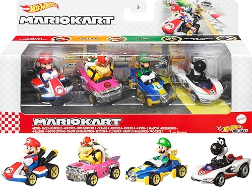 Hot Wheels Mario Kart Set of 4 Die-Cast Toy Cars with Attached Character Drivers, Includes Black Yoshi (Amazon Exclusive)