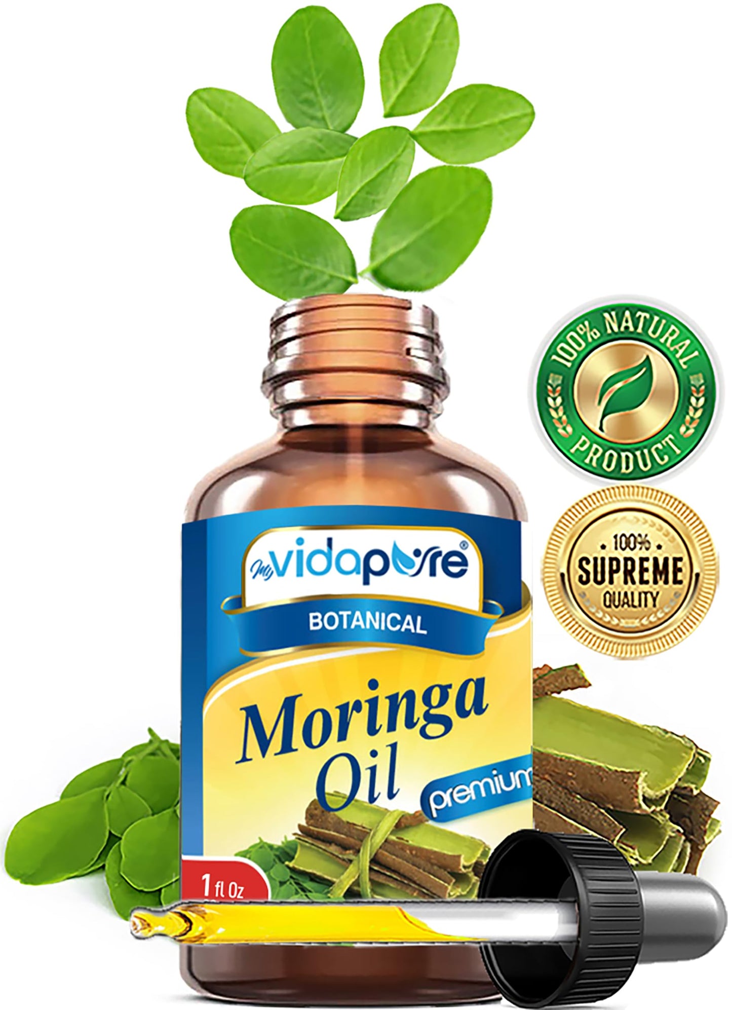 MYVIDAPURE MORINGA OIL Moringa oleifera 100% Pure REFINED UNDILUTED Cold Pressed for Skin, Face, Hair, Lip and Nail Care (1 Fl Oz)