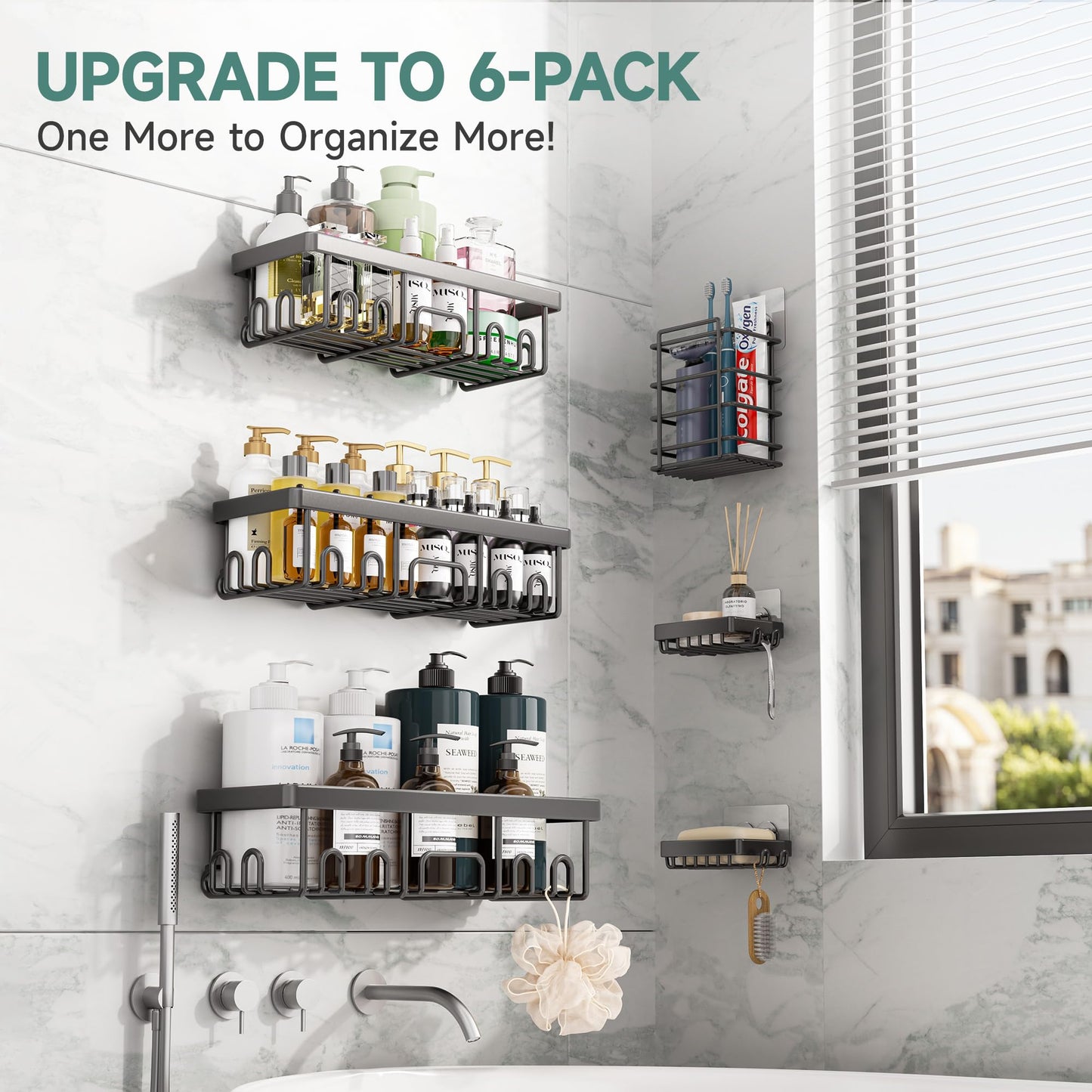 Veken 6-Pack Shower Caddy Set – Rustproof Adhesive Wall Shelves with Soap Holder, No Drilling, Large Capacity Bathroom Organizer