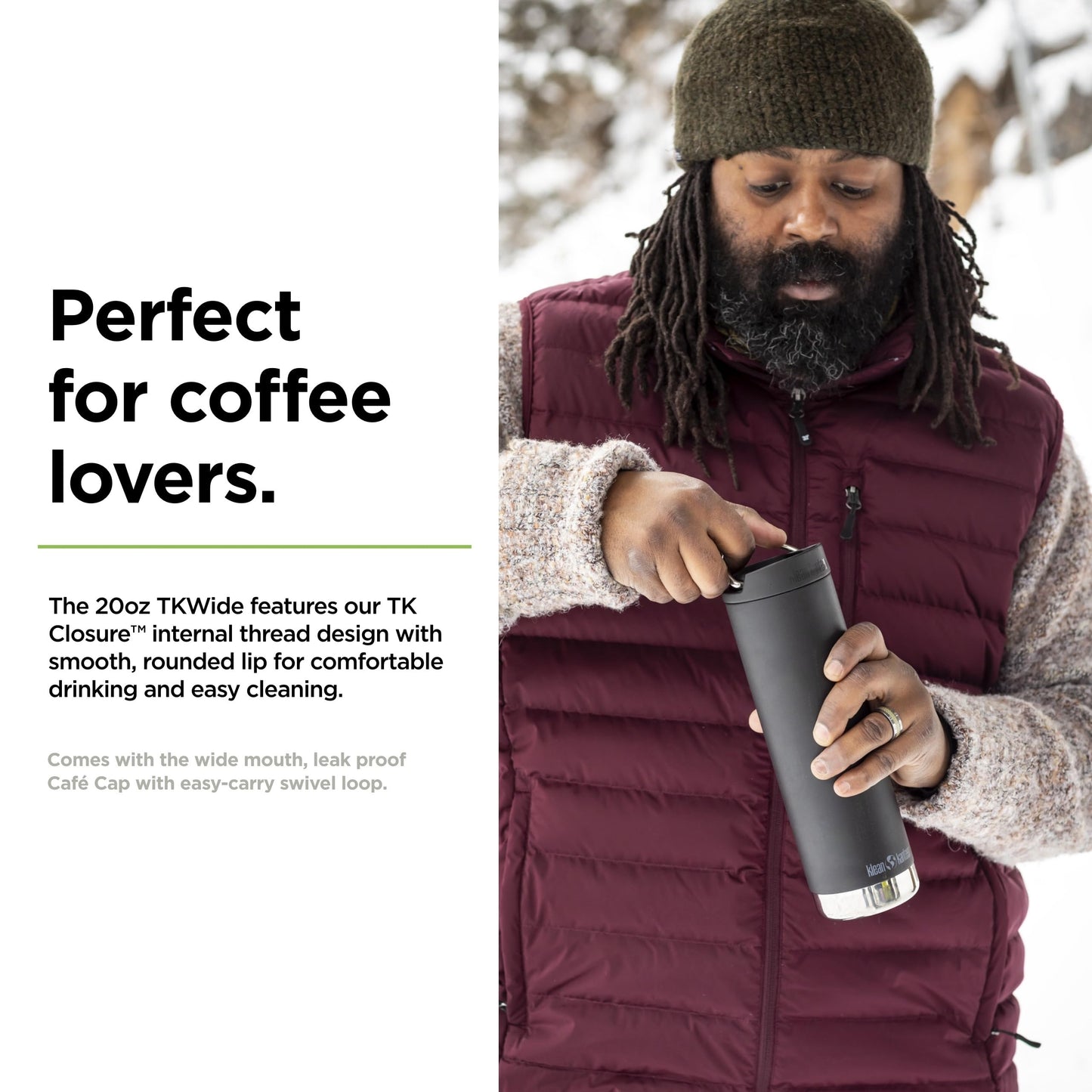 Klean Kanteen TKWide Insulated Coffee Tumbler with Cafe Cap - Stainless Steel & Thermal Tumbler - Black, 20 oz