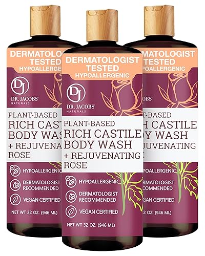 Dr. Jacobs Naturals Pure Castile Soap Liquid Body Wash, Rose - Plant Based Body Soap Infused with Vitamin E and Aloe Vera to Moisturize Dry