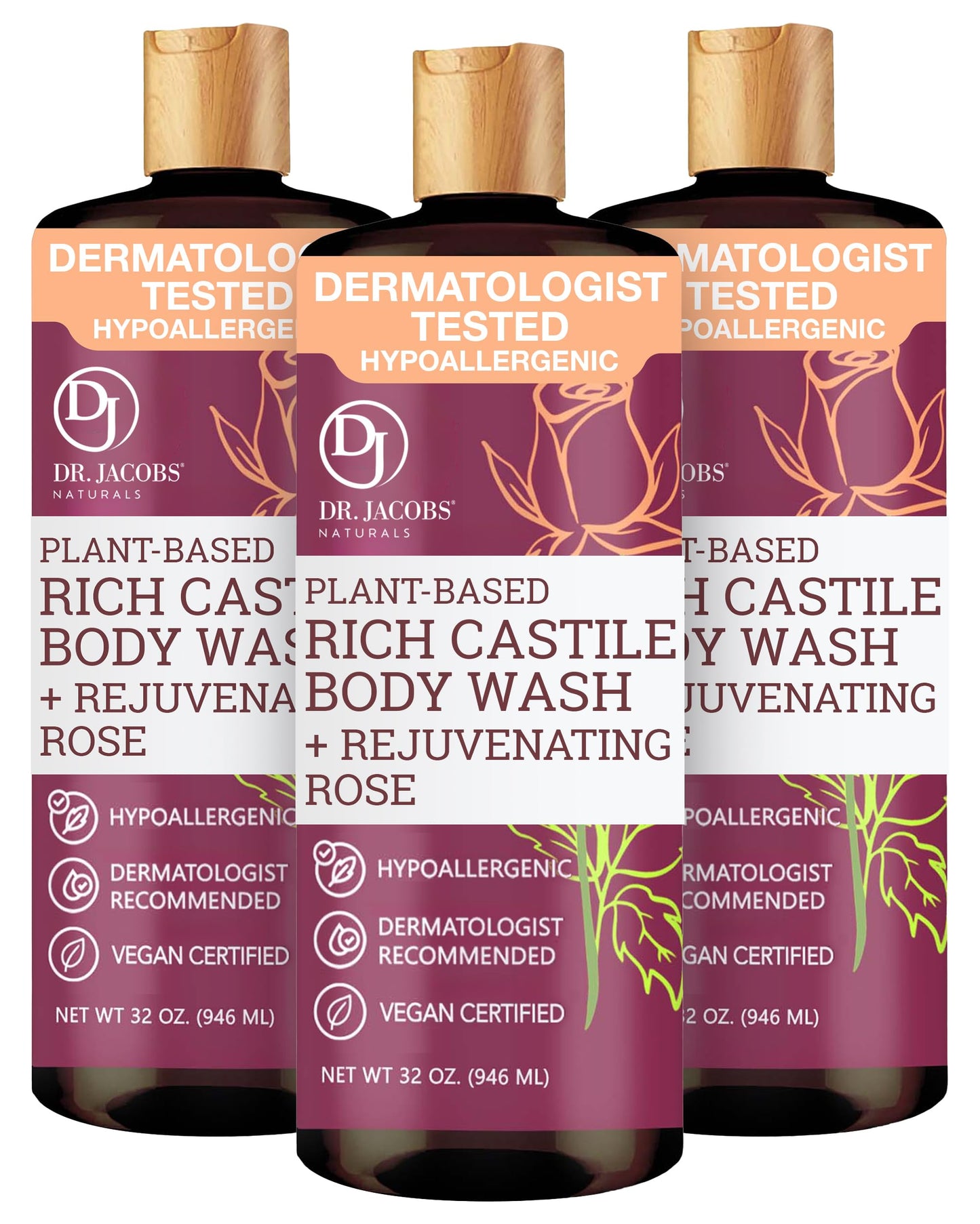 Dr. Jacobs Naturals Pure Castile Soap Liquid Body Wash, Rose - Plant Based Body Soap Infused with Vitamin E and Aloe Vera to Moisturize Dry