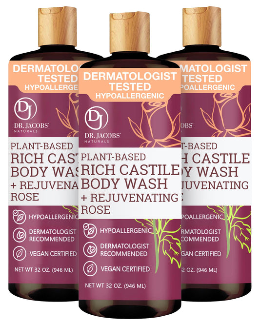 Dr. Jacobs Naturals Pure Castile Soap Liquid Body Wash, Rose - Plant Based Body Soap Infused with Vitamin E and Aloe Vera to Moisturize Dry