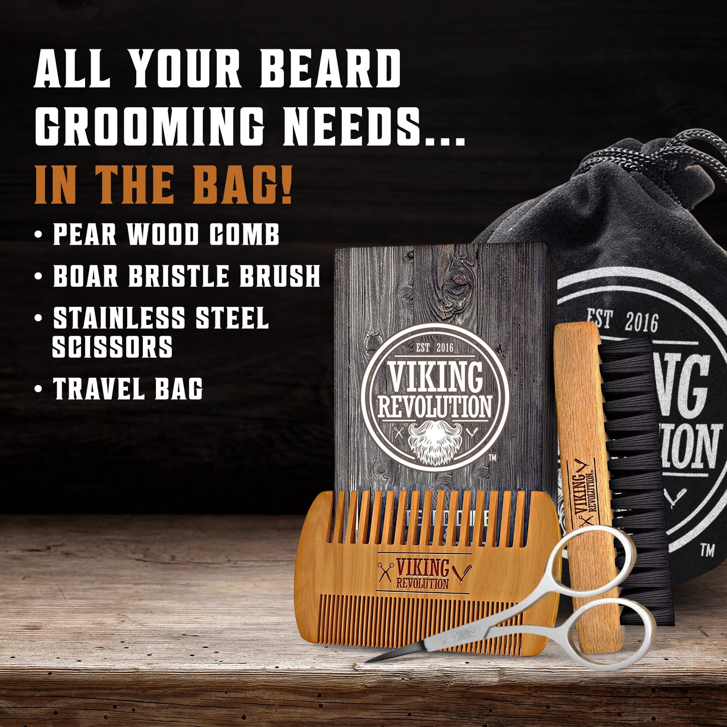 Viking Revolution Beard Comb & Beard Brush Set for Men -- Natural Boar Bristle Brush and Dual Action Pear Wood Comb w/Velvet Travel Pouch - Great