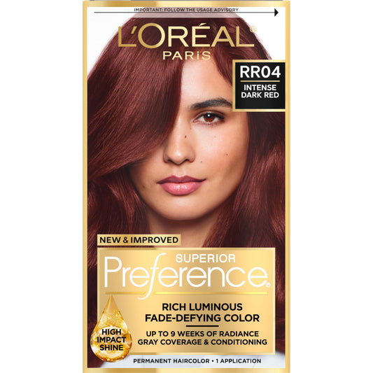 L'Oreal Paris Superior Preference Luminous Fade-Defying Permanent Hair Color, Hair Dye For Up to 9 Weeks of Radiance, Intense Dark Red RR-04, 1 Hair
