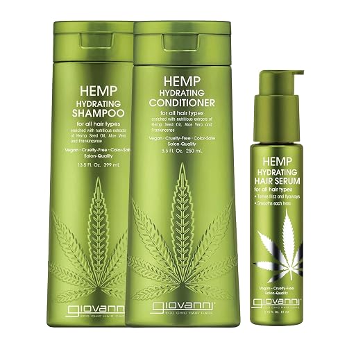 GIOVANNI Hemp Hydrating Shampoo, Conditioner, & Serum Trio - Contains Hemp Seed Oil, Aloe Vera, & Frankincense, Helps Stimulate, Moisturize