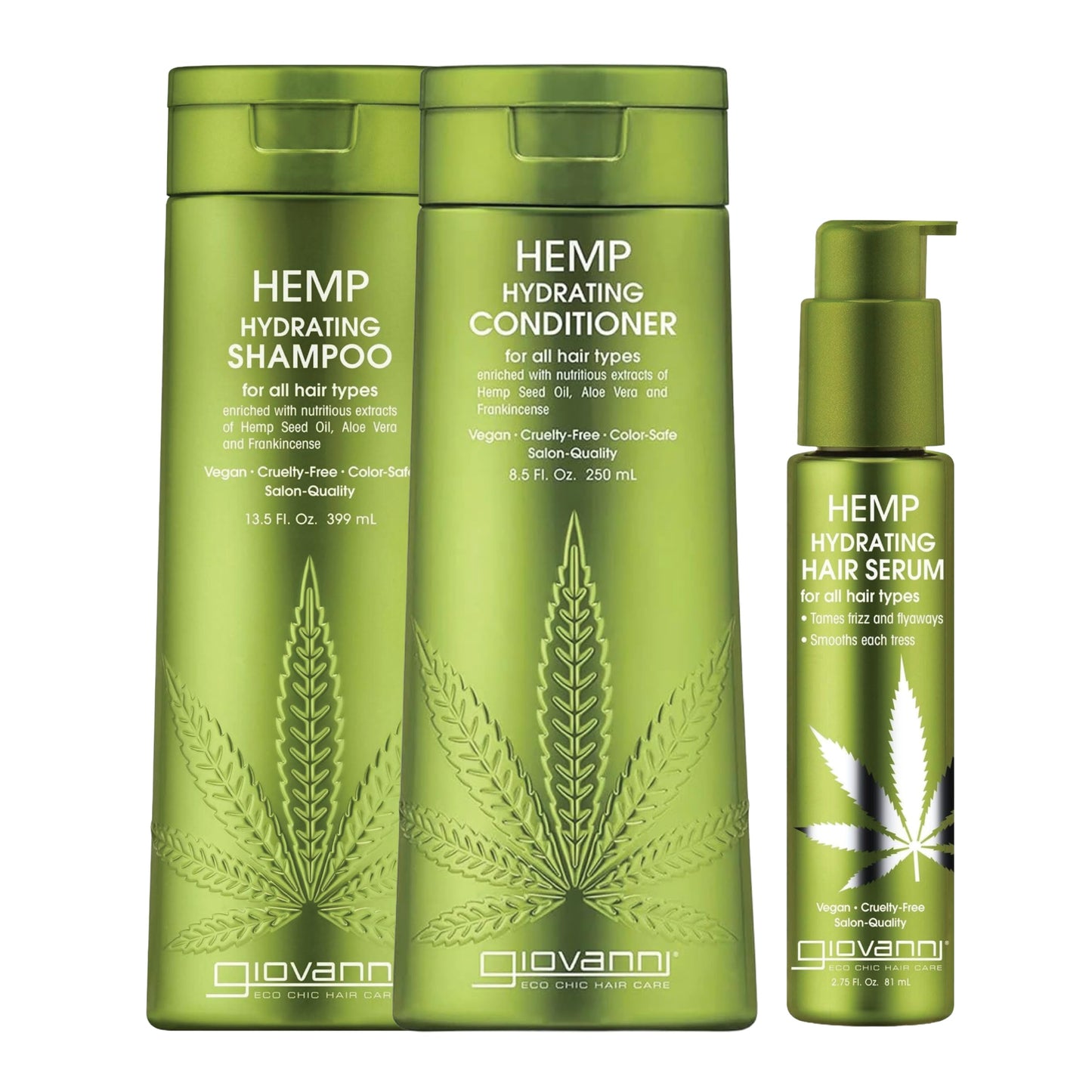GIOVANNI Hemp Hydrating Shampoo, Conditioner, & Serum Trio - Contains Hemp Seed Oil, Aloe Vera, & Frankincense, Helps Stimulate, Moisturize