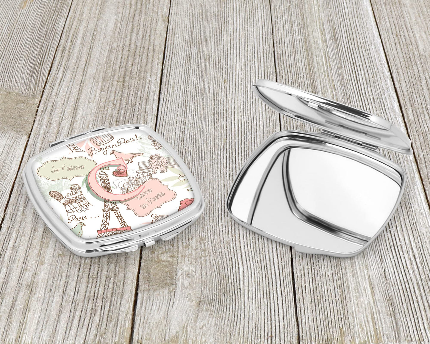 Caroline's Treasures CJ2002-CSCM Letter C Love in Paris Pink Compact Mirror Decorative Travel Makeup Mirror for Women Girls Gifts Pocket Makeup Mirror