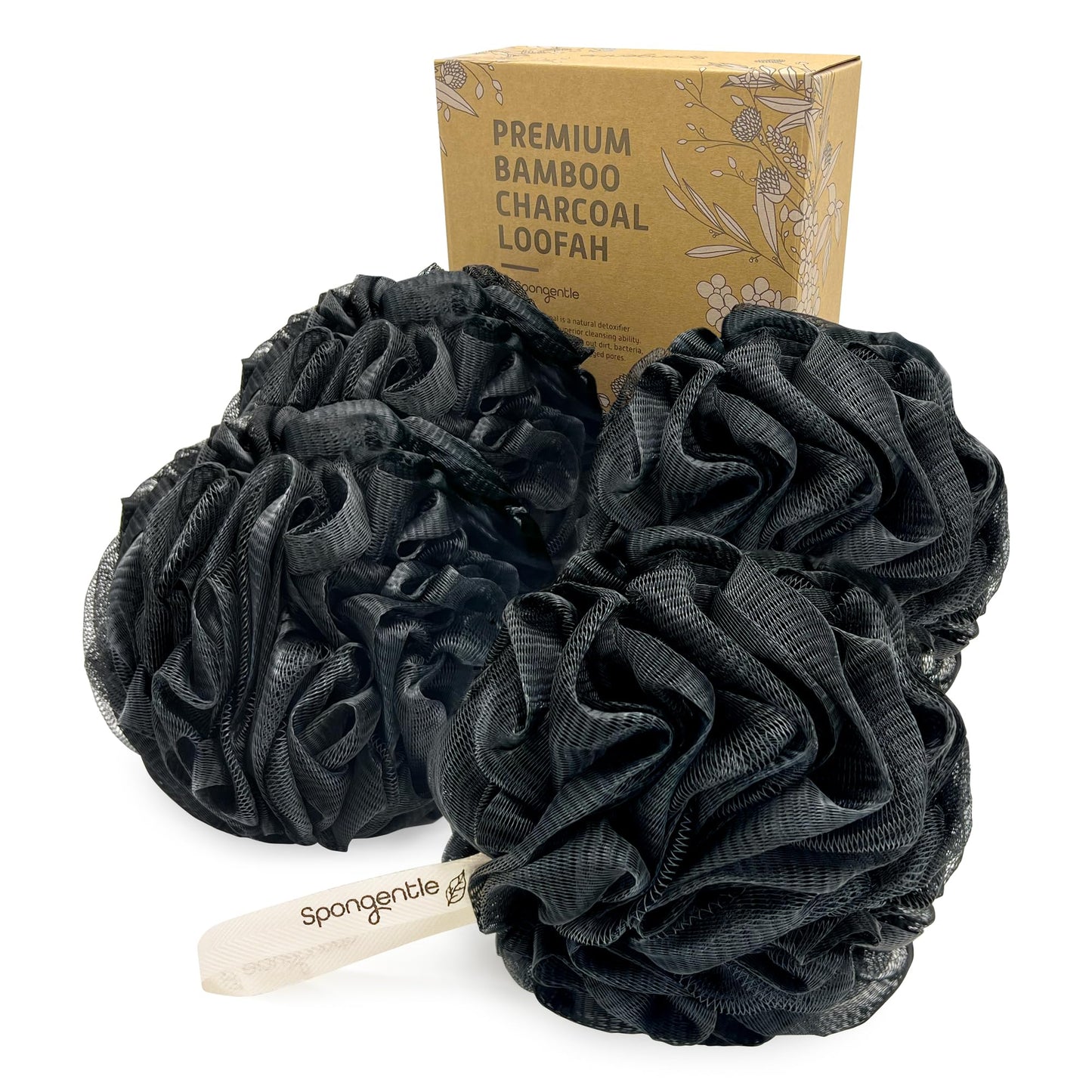 Spongentle Charcoal Bamboo Premium Deep Cleansing Loofah Sponge for Radiant Skin, Pack of 4, Bath and Shower, Exfoliating Body Scrubber, Beautiful