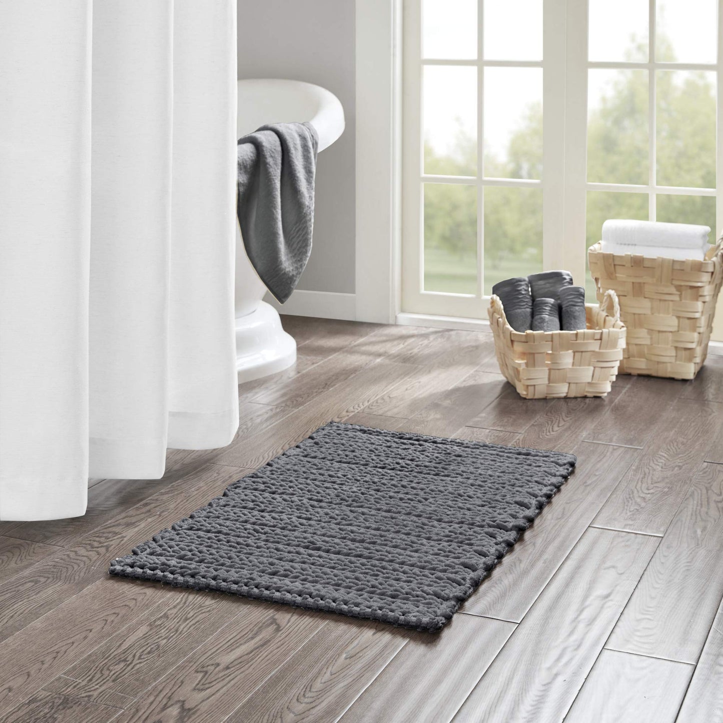 Madison Park Lasso 100% Cotton Chenille Chain Woven Stitch Bathroom Rug - Non Slip - Absorbent, Quick Dry Bath Mat, 20x30, Charcoal
