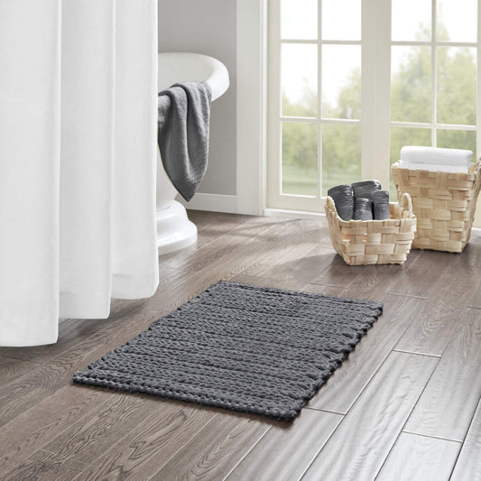 Madison Park Lasso 100% Cotton Chenille Chain Woven Stitch Bathroom Rug - Non Slip - Absorbent, Quick Dry Bath Mat, 20x30, Charcoal