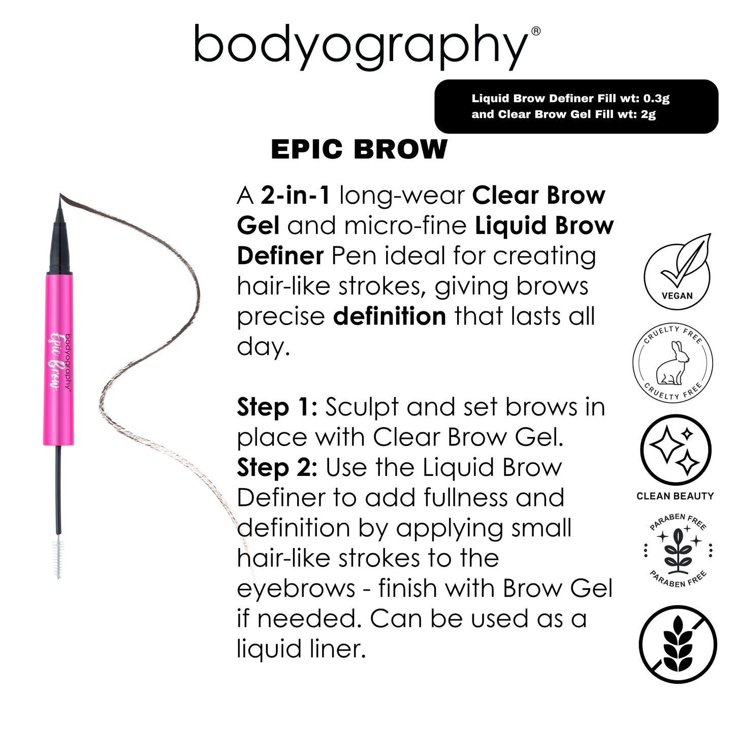 Bodyography Epic Brow Clear Brow Gel + Liquid Brow Definer | 2-in-1 Long-Wear Brow Shaper & Micro-Fine Pen | Hair-Like Strokes, Precise Definition…