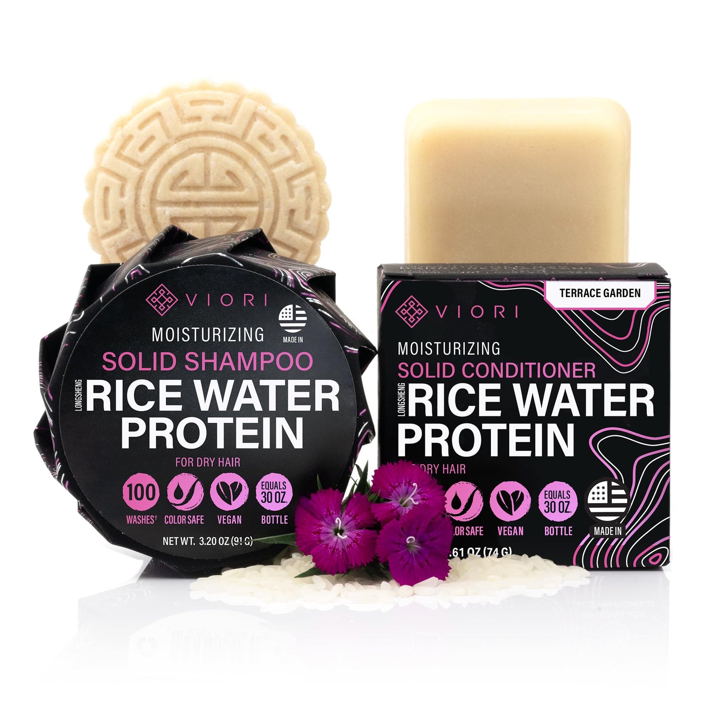 Viori Terrace Garden Shampoo and Conditioner Bar Set Made with Rice Water - Handcrafted Sulfate Free Shampoo and Conditioner