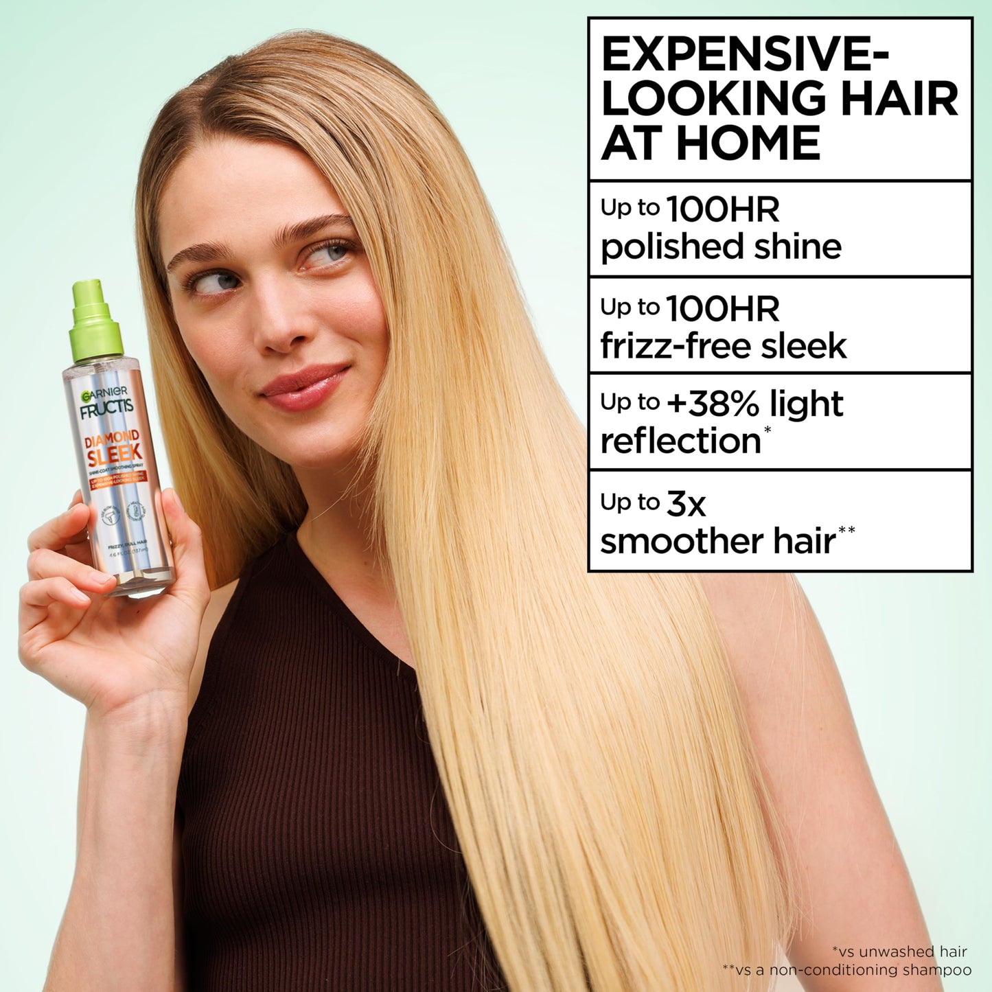 Garnier Fructis Diamond Sleek Hair Shine Spray, Up to 100-Hour Frizz Control, Heat Protectant up to 450°F with Vegan Keratin Smoothing Complex