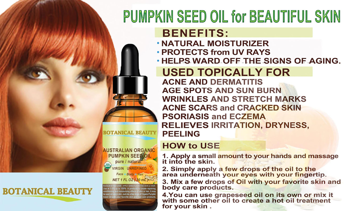 Botanical Beauty Australian ORGANIC PUMPKIN SEED OIL 100% Pure Natural Virgin Unrefined Cold Pressed Carrier Oil. 1 Fl.oz.- 30 ml. for Face, Skin