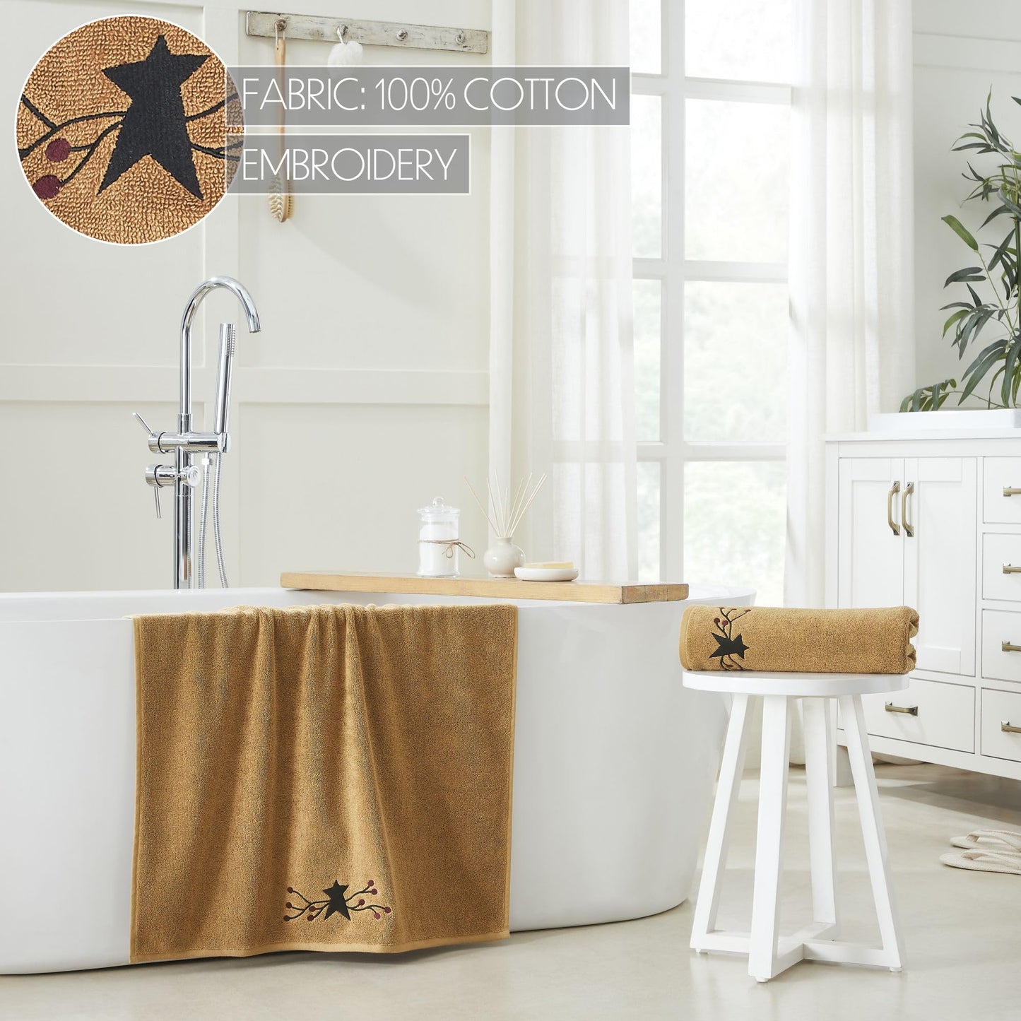 VHC Brands Cotton Hand Towels Set of 2, Bathroom Bath Towel, Embroidered, Bath, Kitchen, Pip Vinestar Collection, Rectangle 27x54, Primitive Star…