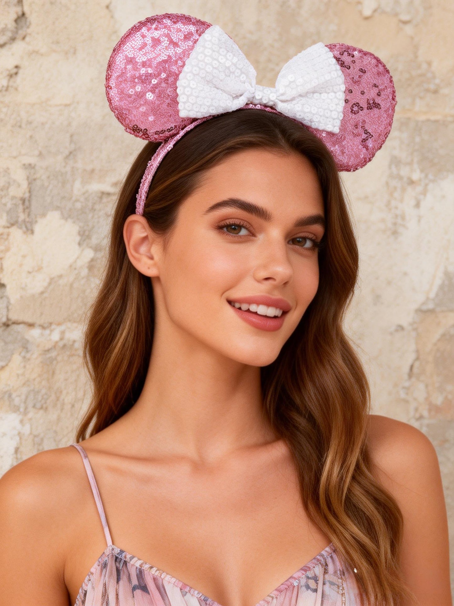 A Miaow Sequin Black Mouse Ears Headband MM Glitter Hair Clasp Adults Women Butterfly Hair Hoop Birthday Party Holiday Park Photo Supply (Pink