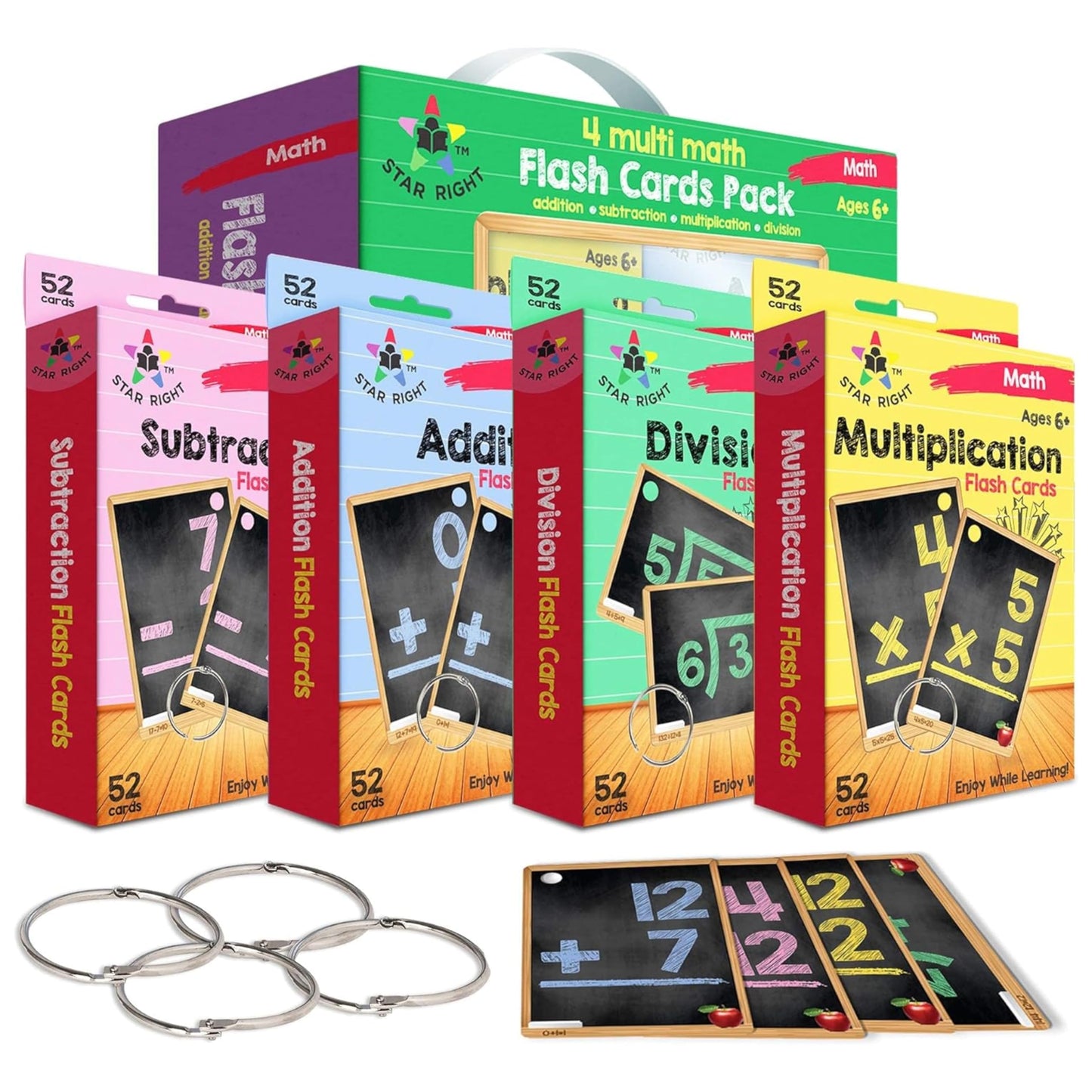 Star Right Math Flash Cards Set of 4 – Addition, Subtraction, Multiplication & Division with Rings, 208 Cards for Kids Ages 6+