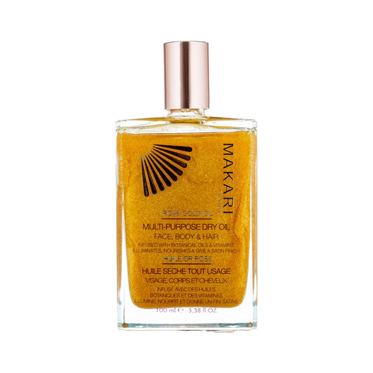 MAKARI 24K Rose Gold Multi-Purpose Dry Shimmer Oil (3.38 fl oz) | Body Shimmer Oil for Face, Hair and Body | Shimmer Body Oil with Real Gold Flakes |