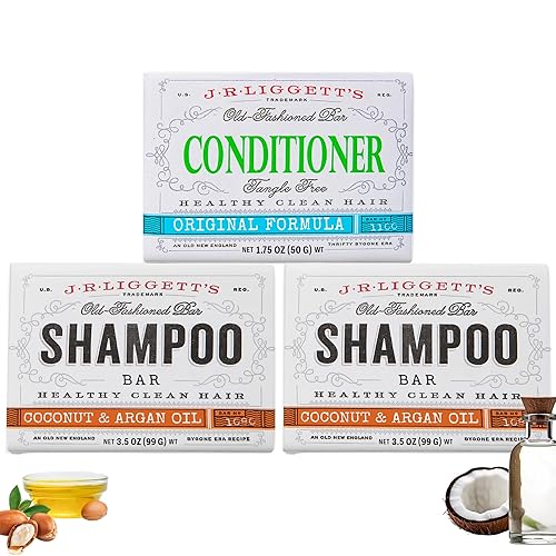 J.R.LIGGETT'S Coconut and Argan Oil Formula Shampoo Bar and Conditioner Bar 3-Pack, All-Natural, Plant-Based Solid Hair Care Set, Sulfate-Free, 2 x