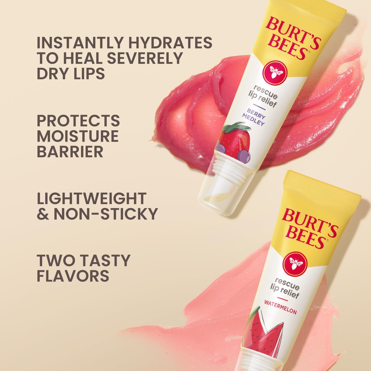 Burt's Bees Rescue Lip Relief, Watermelon & Berry Medley, Hydrating Lip Balm for Dry Cracked Lips, with Responsbily Sourced Beeswax and Shea Butter