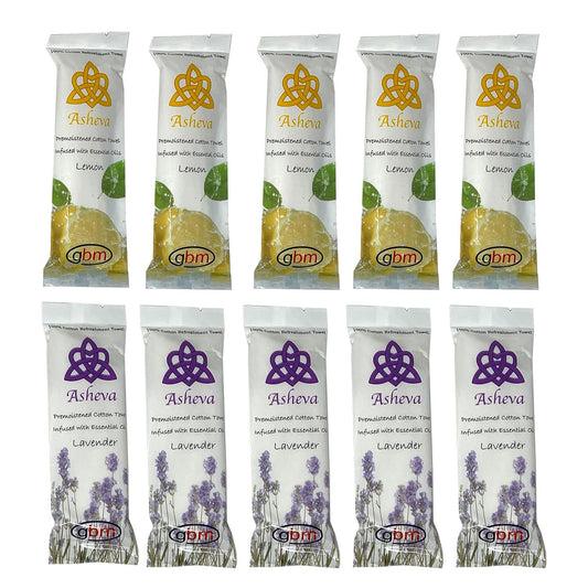 Asheva 8" x 9" Individually Wrapped Oshibori Disposable Towels - Luxurious Moist Cotton Hot/Cold Refreshment Towel - Lavender, Lemon, or Tea Tree