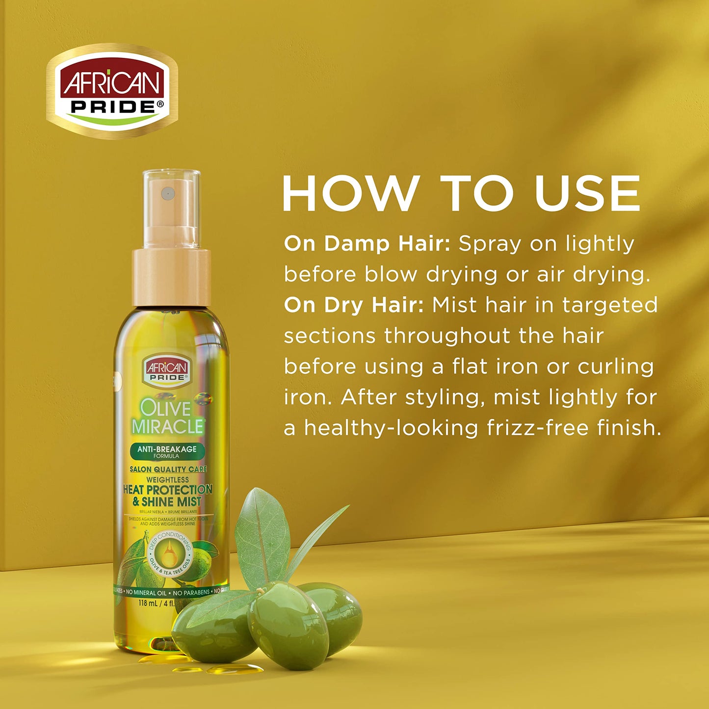 African Pride Olive Miracle Weightless Heat Protection & Hair Shine Mist, Fights Humidity & Shields Against Heat Damage, Enriched with Olive & Tea