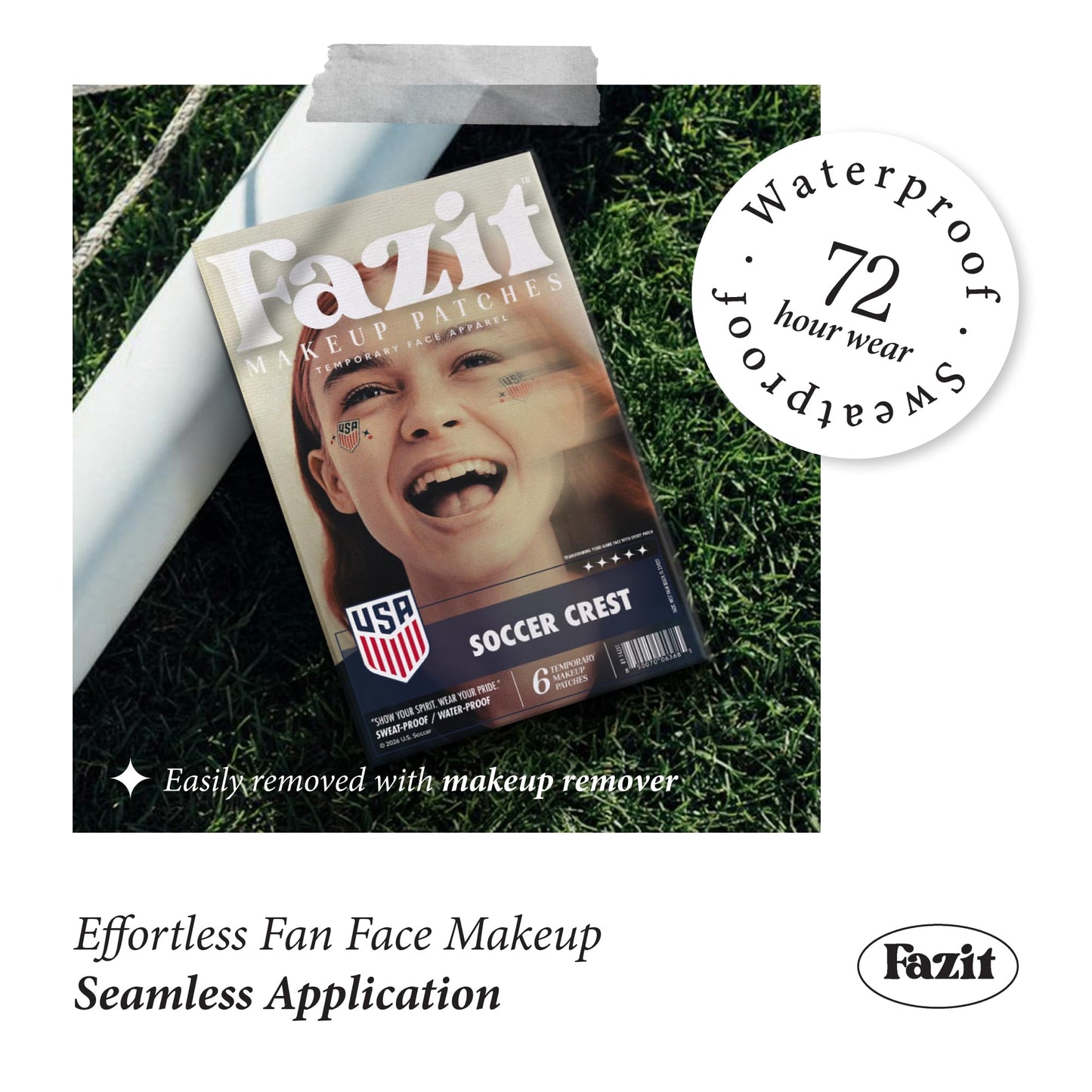 Fazit US Soccer Crest - Red, Blue & Silver Glitter Makeup Patches - Waterproof & Sweat-Proof Face Stickers - Long-Lasting Game Day Glam, USA Spirit