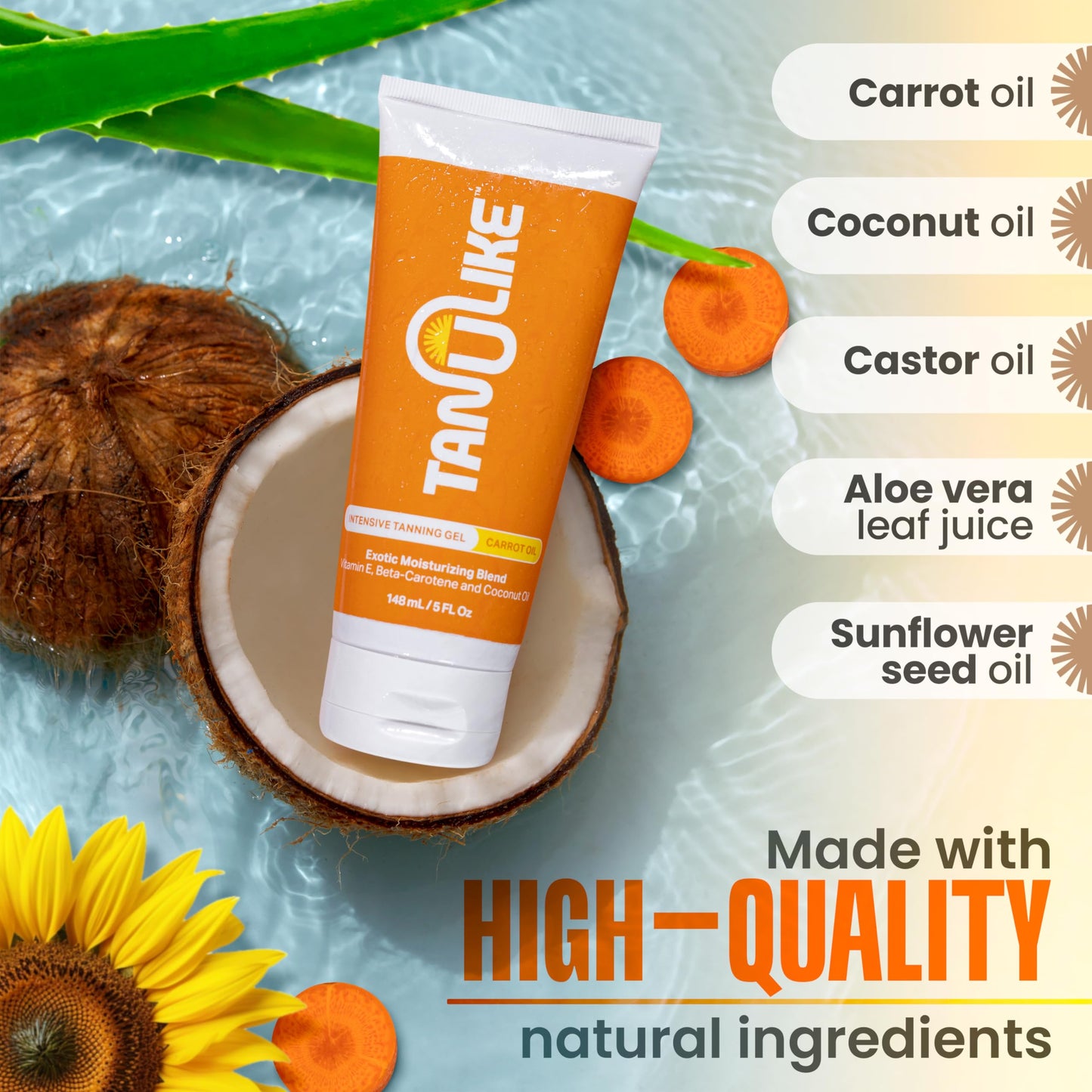 TAN U LIKE, Exotic Carrot Tanning Gel Accelerator - Advanced Moisturizing Formula with Vitamin E, Beta-Carotene, and Coconut Oil - Luxurious Coconut