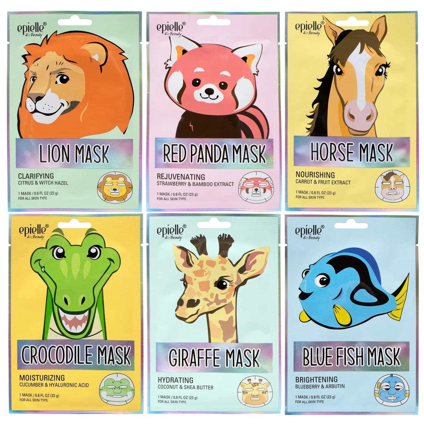 Epielle Character Face Mask Wild Kingdom 6 Pack, Fun & Effective Korean Skin Care, Spa Party Favors, Stocking Stuffers, Birthday Gifts for Women, Self