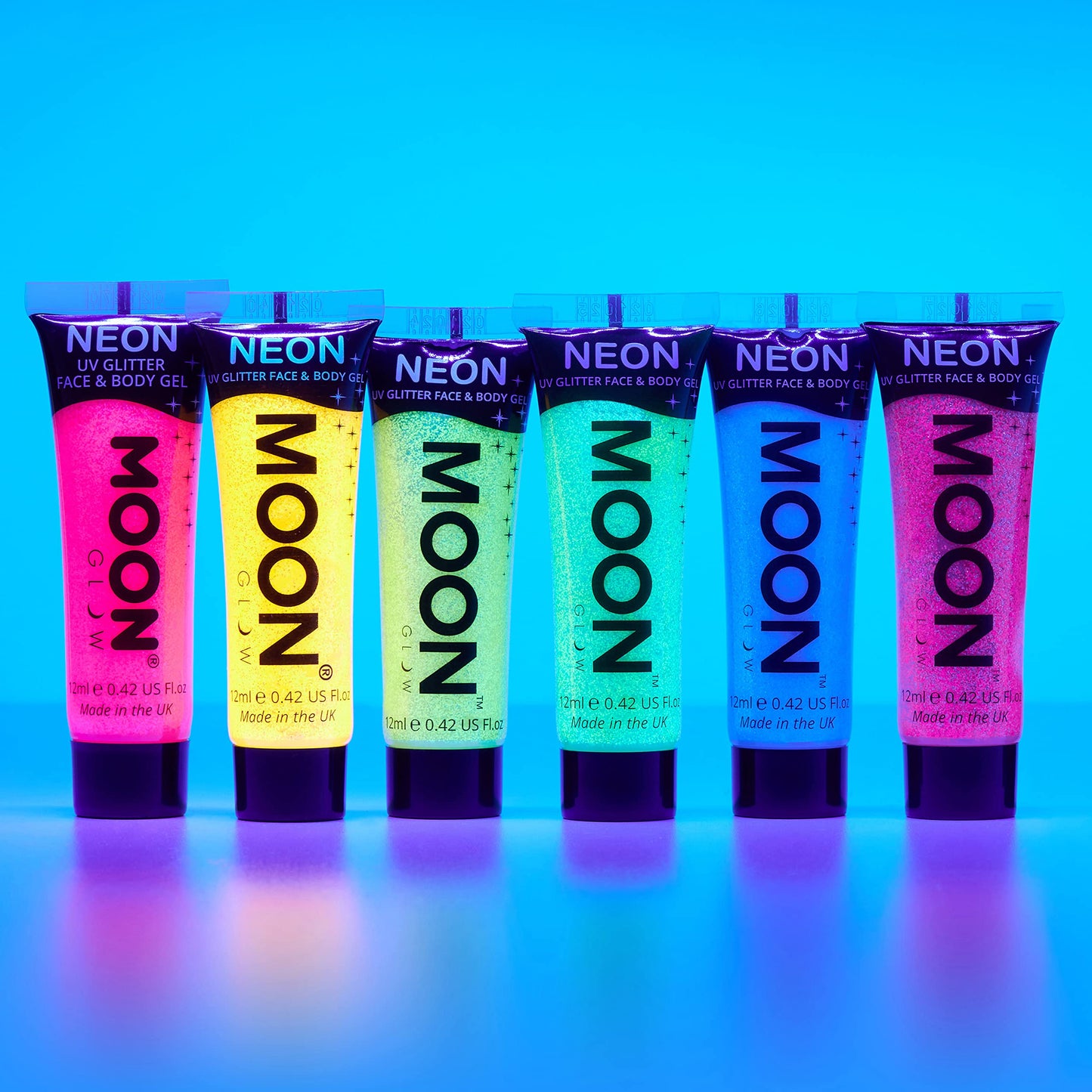 Moon Glow - Blacklight UV Glitter Face & Body Gel - 0.42oz Set of 6 - Blacklight Face Paint - glows brightly under Blacklight