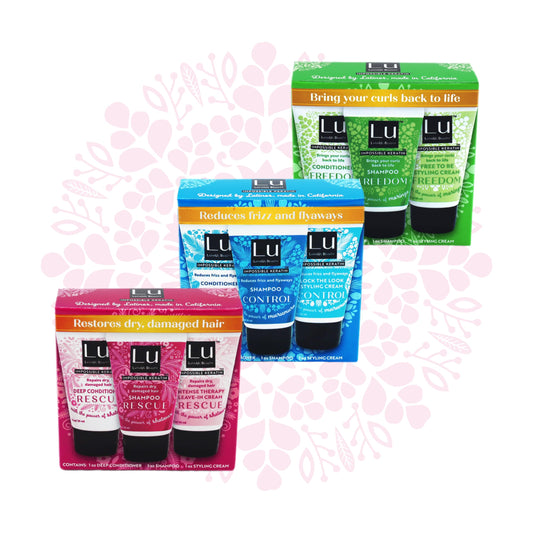 Lu by LatinUs Beauty Total Travel Size Collection | Shampoo, Conditioner & Styling Cream with Impossible Keratin, Anti Frizz, Dry, Damaged, Curly Hair