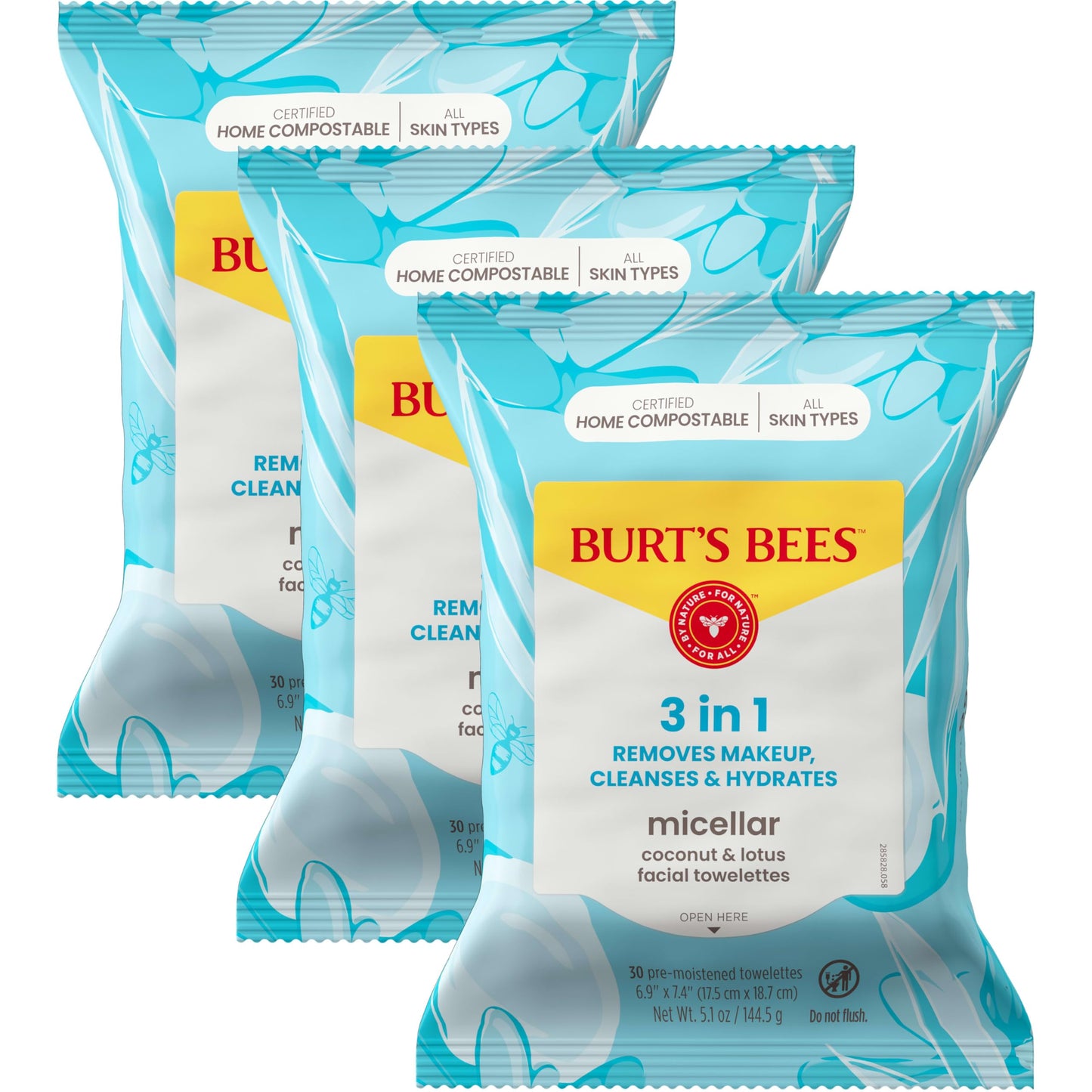 Face Wipes, Burt's Bees Facial Cleansing, Makeup Remover Towelettes, 3 in 1 Hydrating Micellar Cleanser with Coconut & Lotus Water, 90 Count