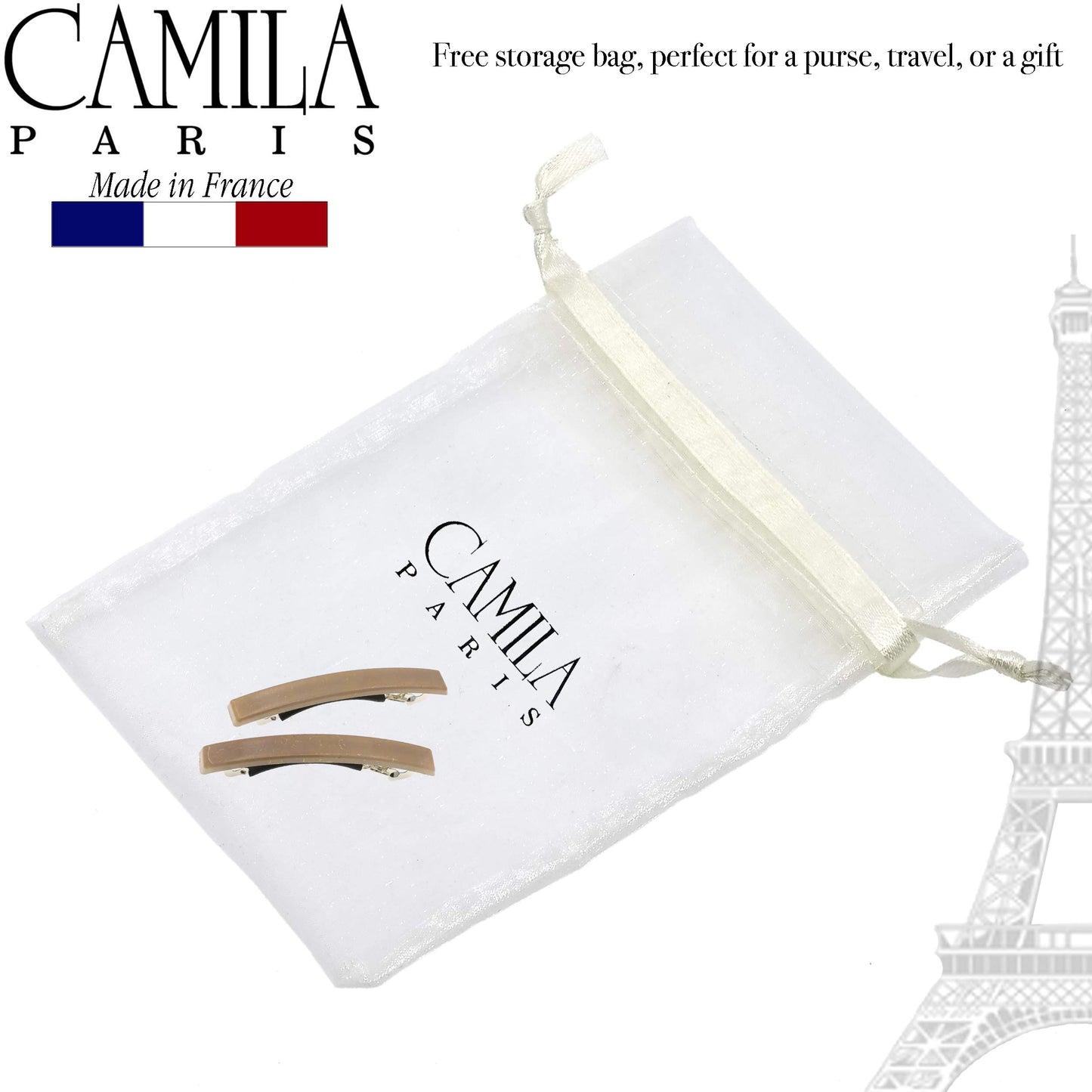 Camila Paris CP3074 French Hair Barrette Clip for Girls, Set of 2 Beige Rubberized Metal Clasp Strong Hold Grip Hair Clips for Women, No Slip Durable