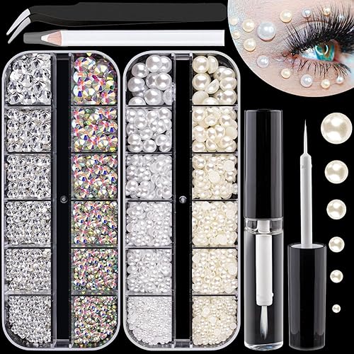 Flat Back Rhinestones&Pearls Kits Round Glass Crystal AB&Transparent White Gems+White&Beige Pearls with Quick Dry Makeup Glue+Picker Pencil+Tweezer