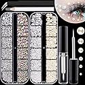 Flat Back Rhinestones&Pearls Kits Round Glass Crystal AB&Transparent White Gems+White&Beige Pearls with Quick Dry Makeup Glue+Picker Pencil+Tweezer
