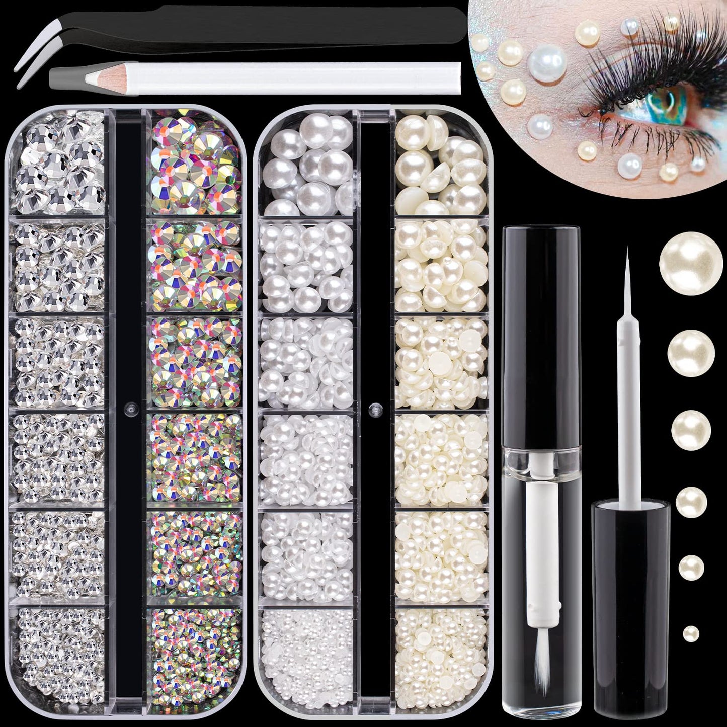 Flat Back Rhinestones&Pearls Kits Round Glass Crystal AB&Transparent White Gems+White&Beige Pearls with Quick Dry Makeup Glue+Picker Pencil+Tweezer